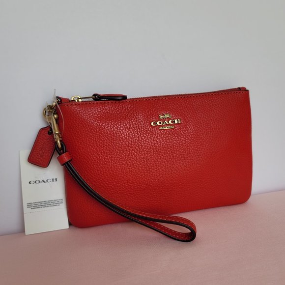 COACH Small Wristlet in Polished PebbleD Leather- Sport Red⭐ - Picture 3 of 16